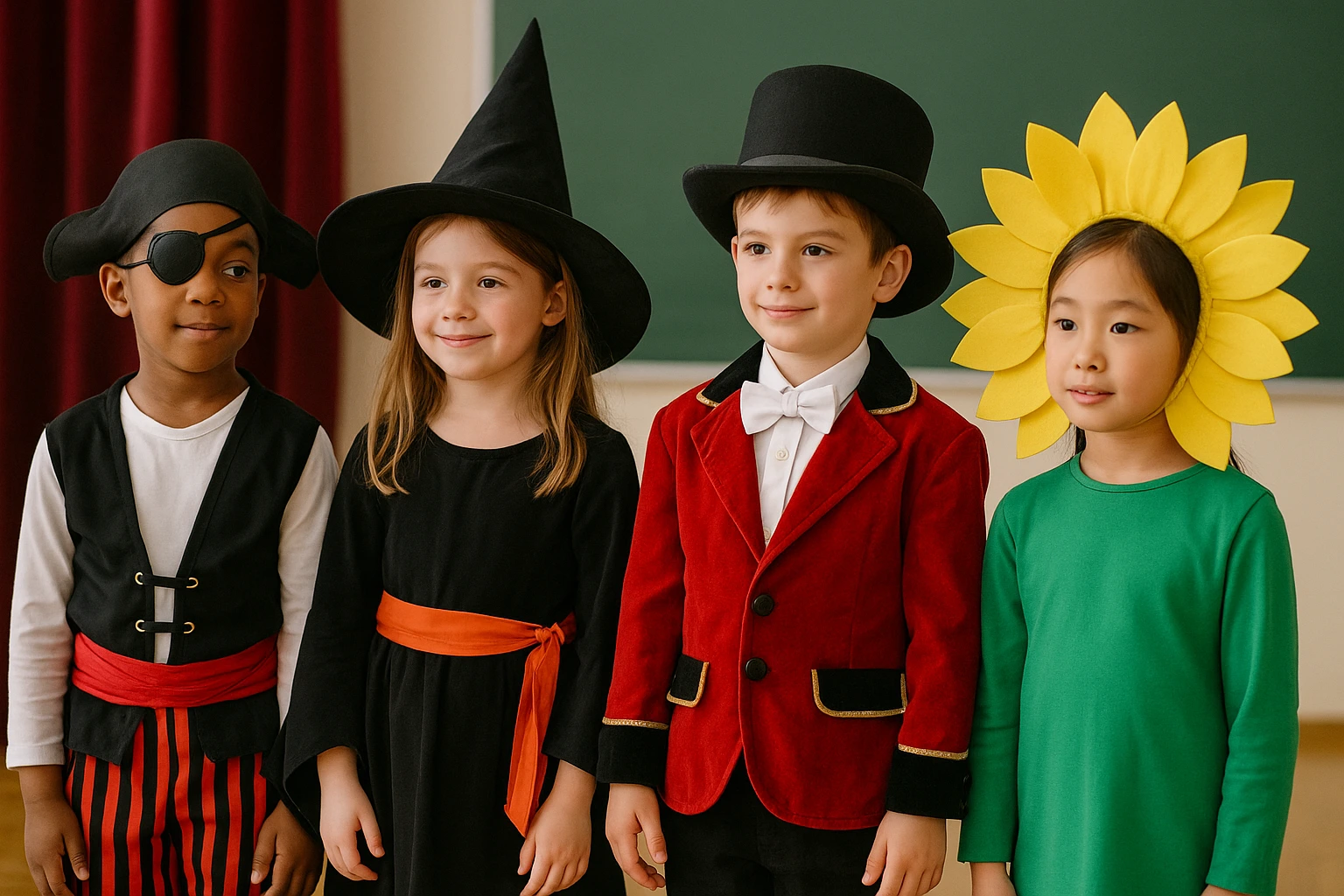 Children dressed as a pirate, witch, magician, and sunflower smile together during a school child fancy dress competition event.