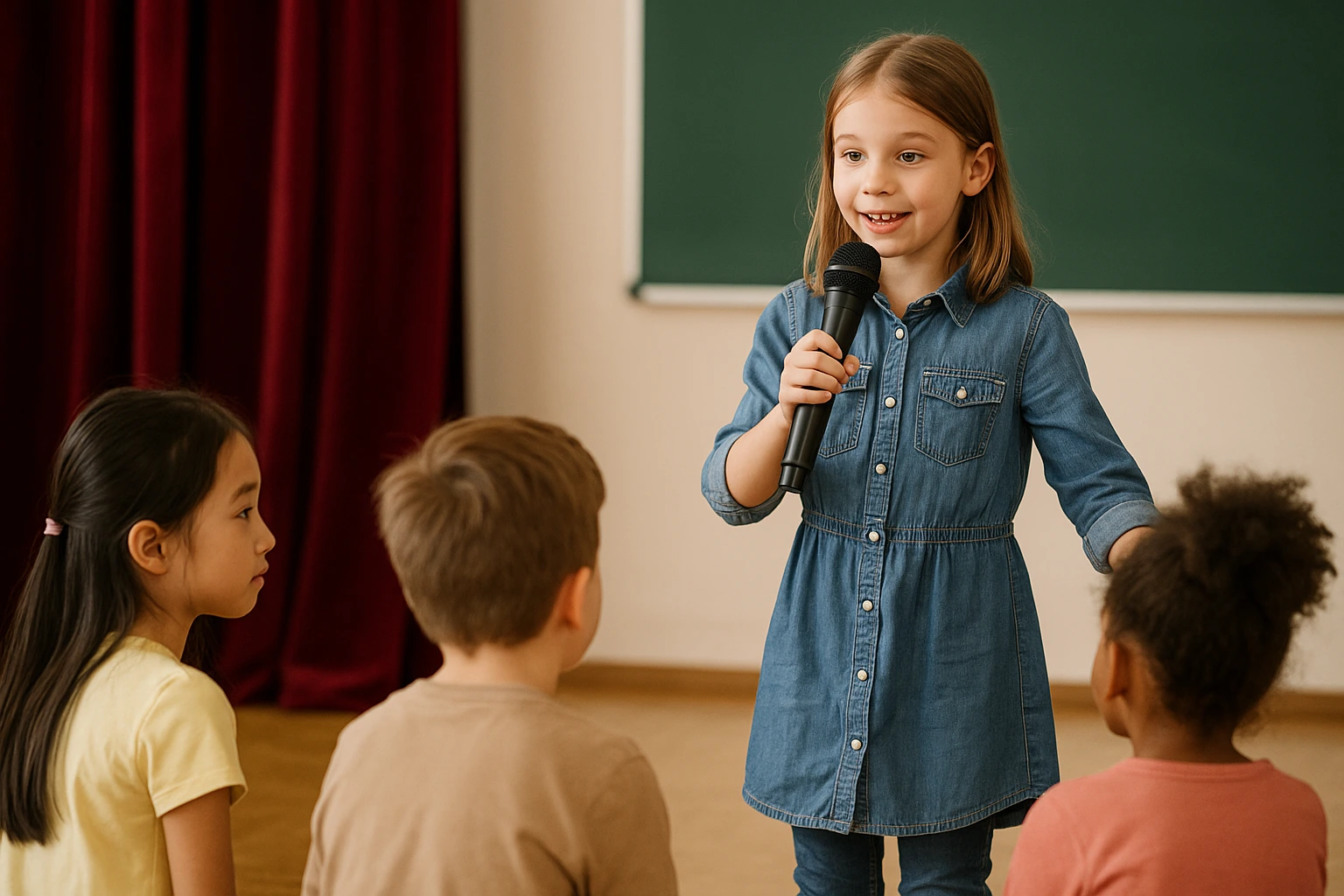 A young girl confidently shares her story for a storytelling competition while holding a microphone, engaging her classmates.