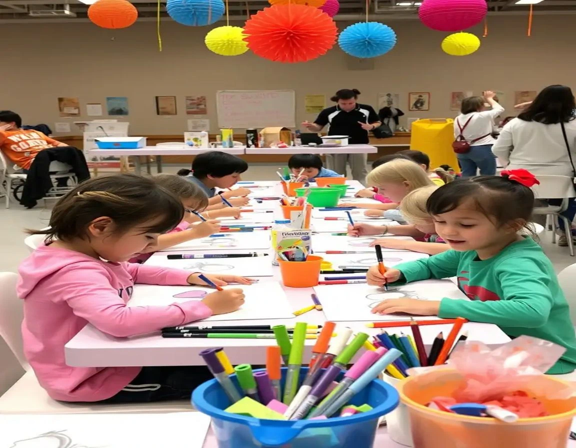 Kids drawing and painting during EduJunior's Drawing Contest, surrounded by bright decorations, art supplies, and a joyful atmosphere.