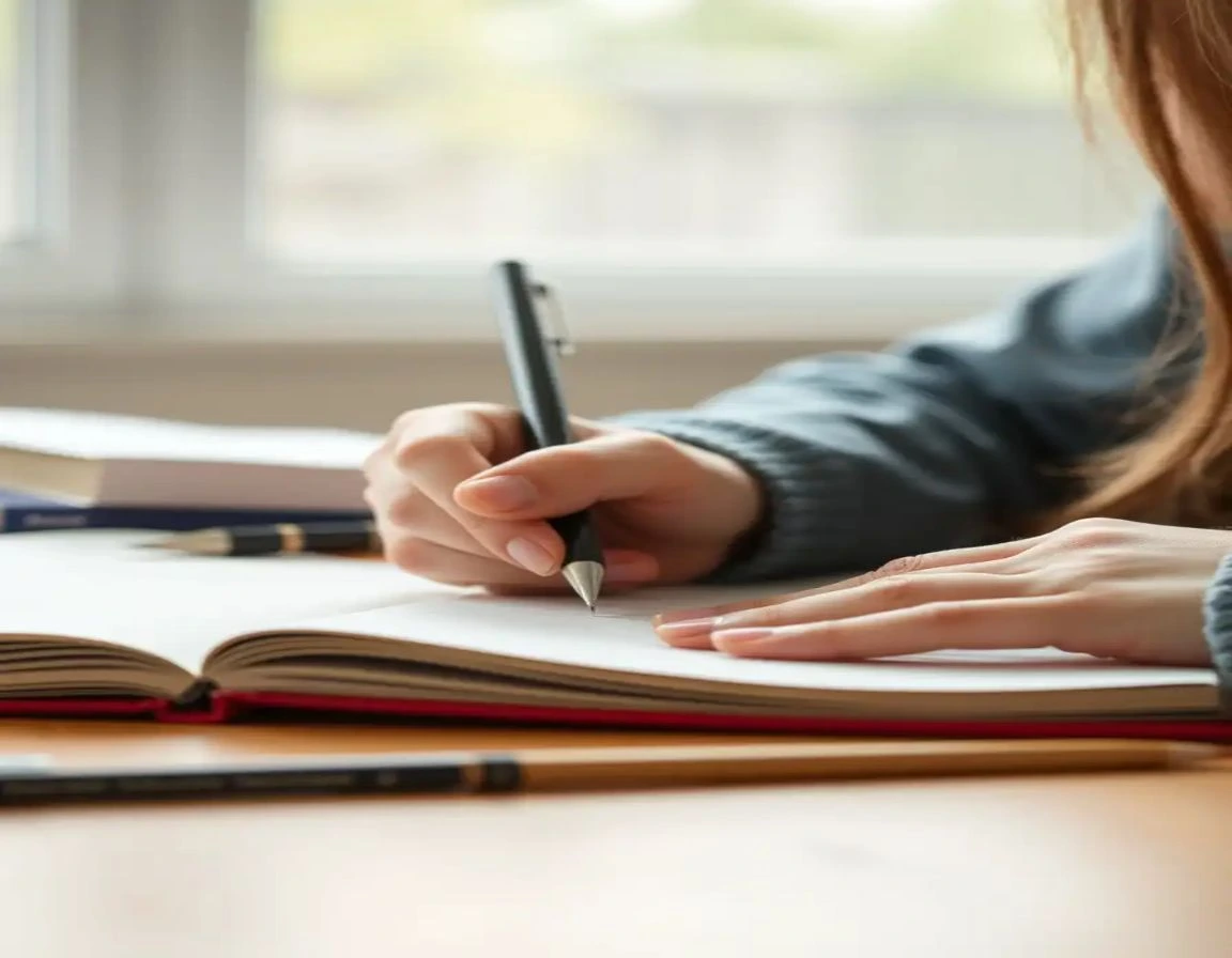 Essay writing in English shown through close-up of girl writing in notebook.