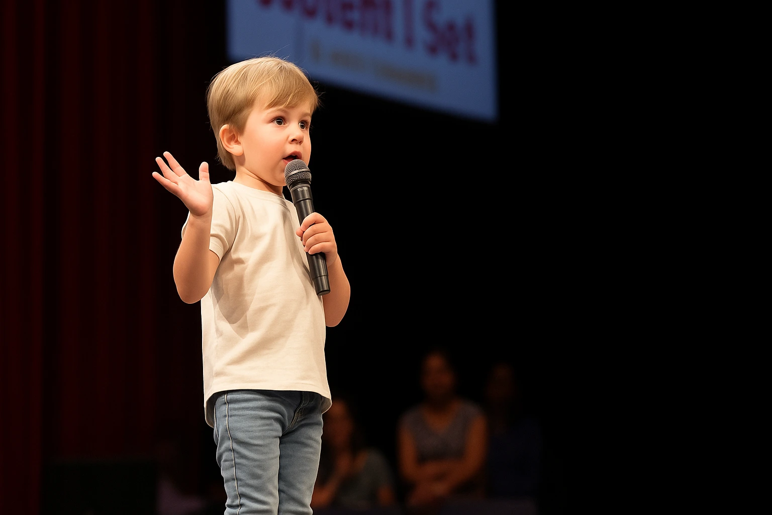 How to develop public speaking skills – a confident speaker on stage using expressive body language and gestures, engaging a diverse audience in a realistic, well-lit auditorium.