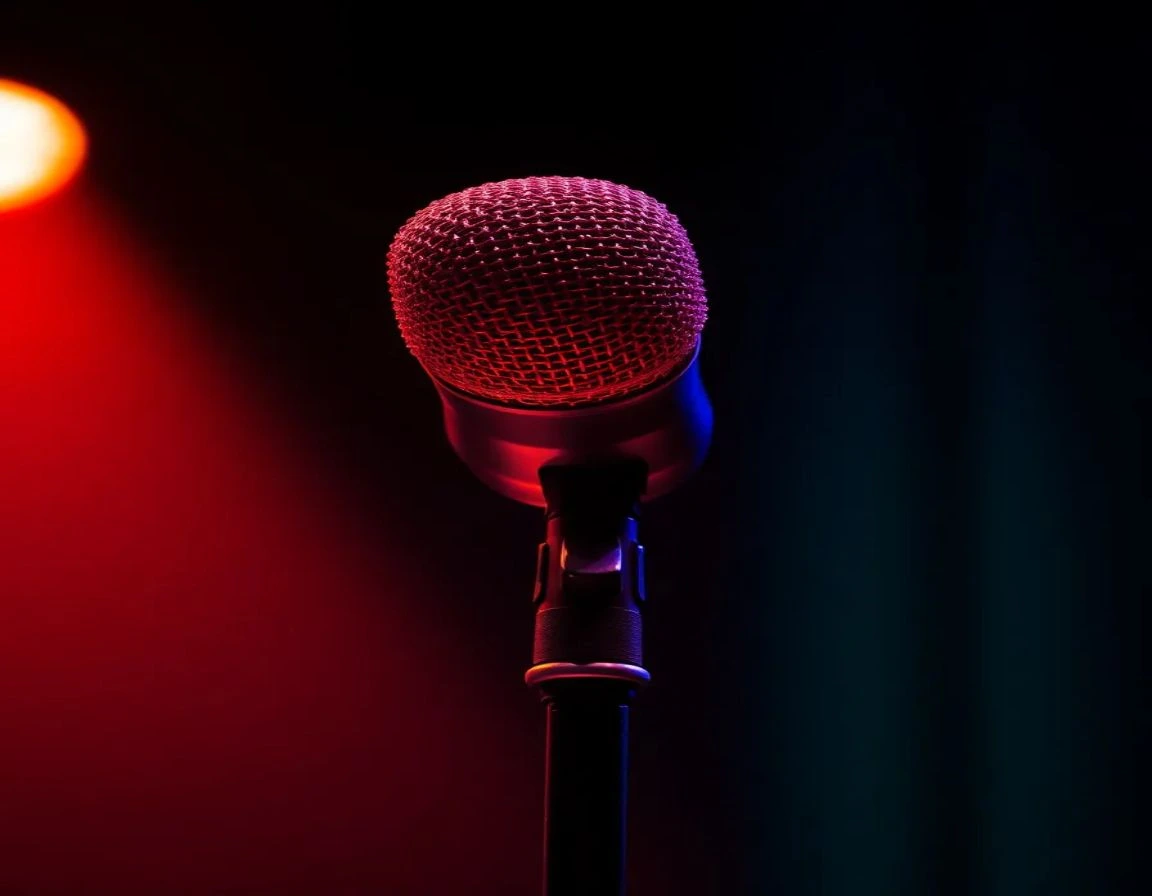 Public speaking types shown through a close-up of a microphone on stage, symbolizing different speech styles like informative, persuasive, and ceremonial.