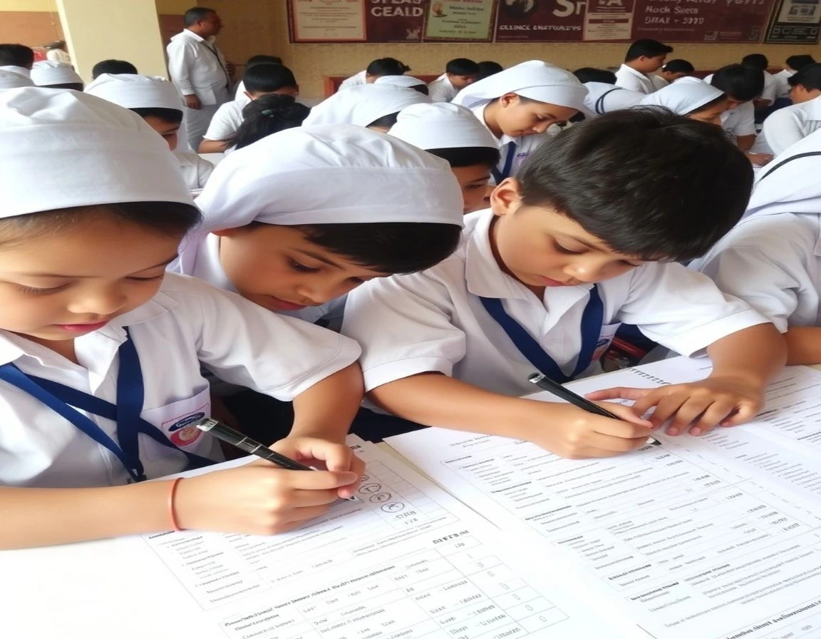 School children in uniform writing on OMR sheets during the Science Olympiad exam.