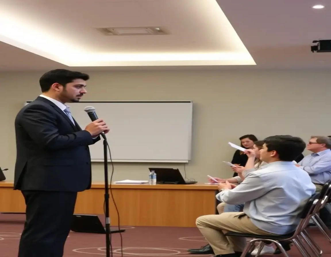Oratory skills displayed by a young speaker addressing an audience confidently.