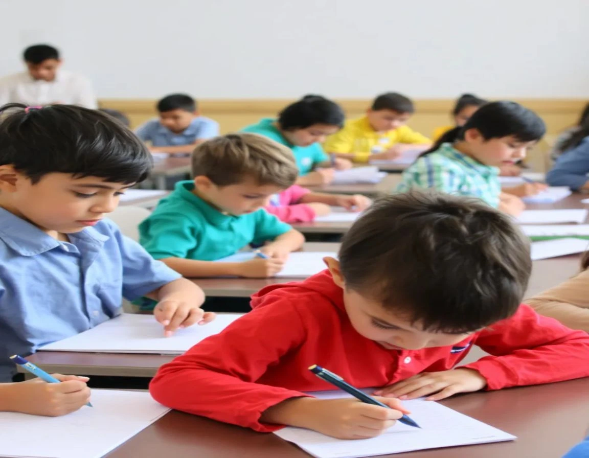 Children participating in a writing competition, focused and creatively expressing their thoughts on paper.