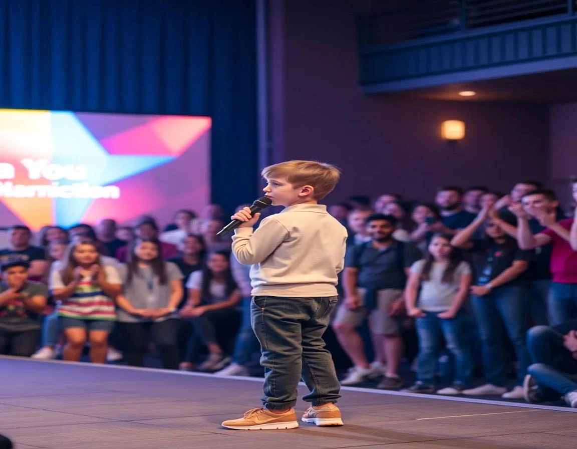 How to overcome fear and anxiety through confident public speaking, as shown by a young boy addressing a supportive crowd on stage.
