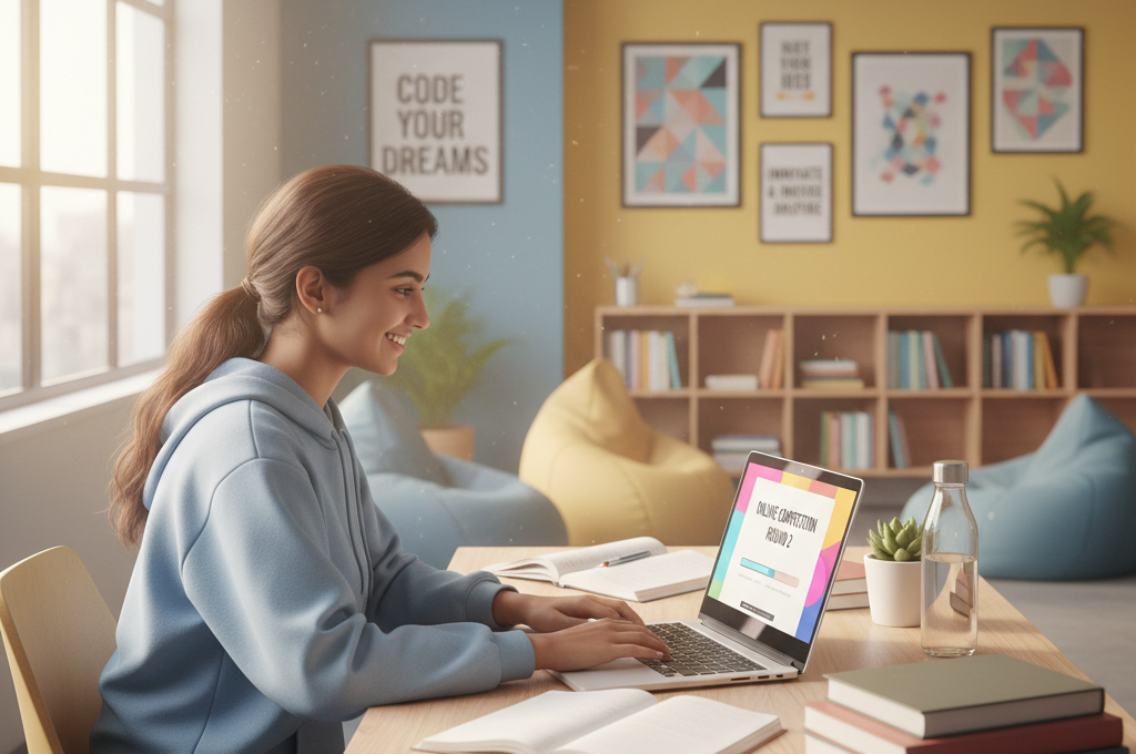 A happy student participates in online competitions with certificates, celebrating achievement on a laptop.