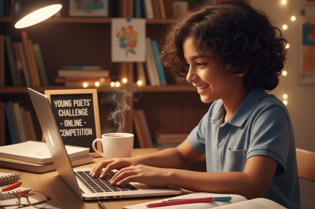 Happy child writing a poem on a laptop, joining an online poetry competition for kids with creativity and fun.