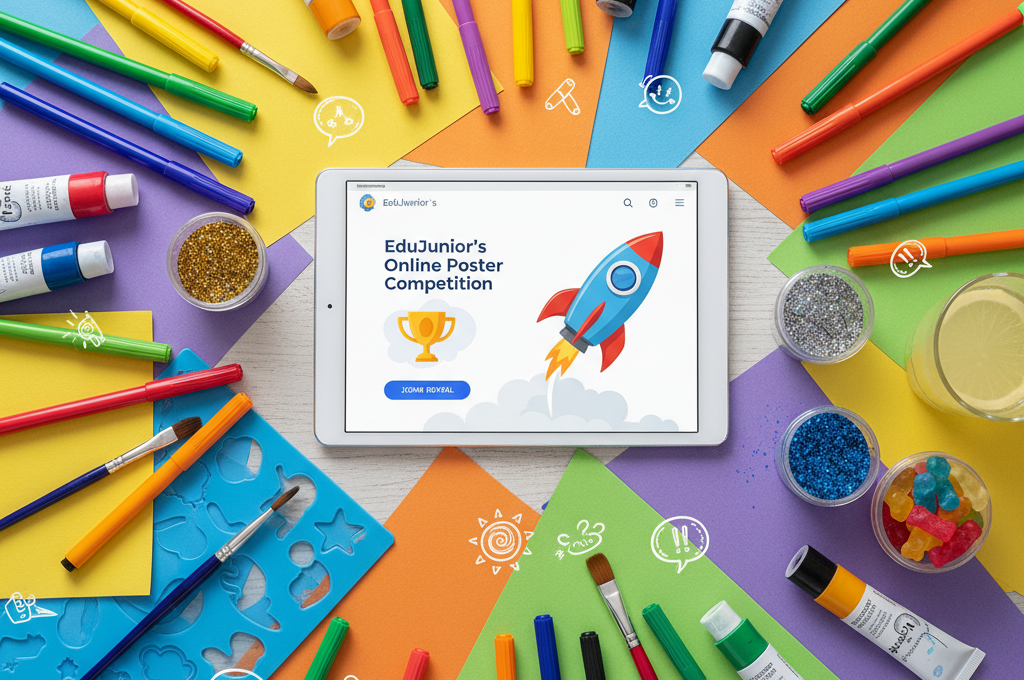 Colorful art supplies and a tablet showing EduJunior’s online poster competition, inspiring students with creative poster making ideas from home.
